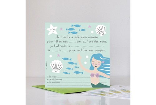 8 cartes d'invitation thème sirène - anniversaire filles -Merci Chacha